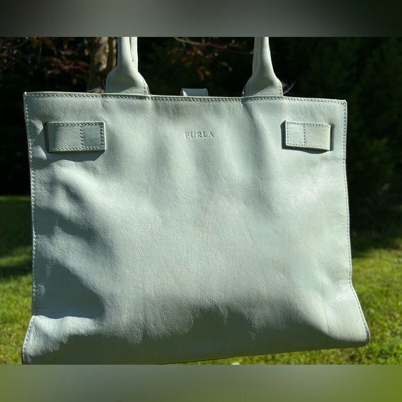 Furla Greta GUC+ Vintage Aqua Leather Double Handle Y2K Satchel Shoulder Bag - Picture 2 of 12